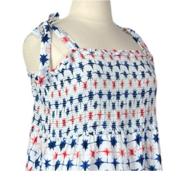 J. Crew Dress Smocked Tie Sleeves Sundress Red Blue Stars Women’s Plus Size 2X - Picture 8 of 14